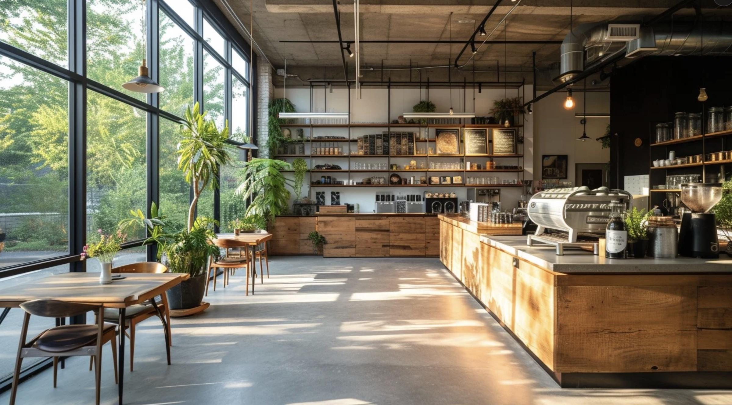 Elixir Coffee's sunlit workshop — light oak counter, open shelving, morning light through tall windows